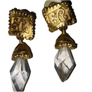 Unique Brushed Gold Tone & Swarovski Crystal Dangle Drop Earrings